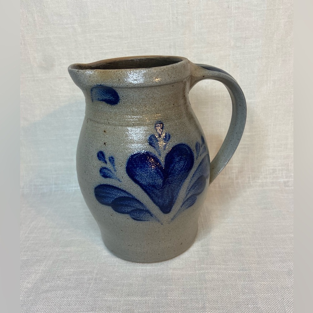 Rowe Pottery Works Salt Glaze Pitcher 5.5” x 5.5” Cobalt Blue Gray w/Hearts